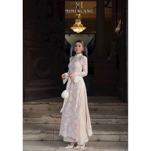 Áo dài ren cổ cut out Mimi Blanc