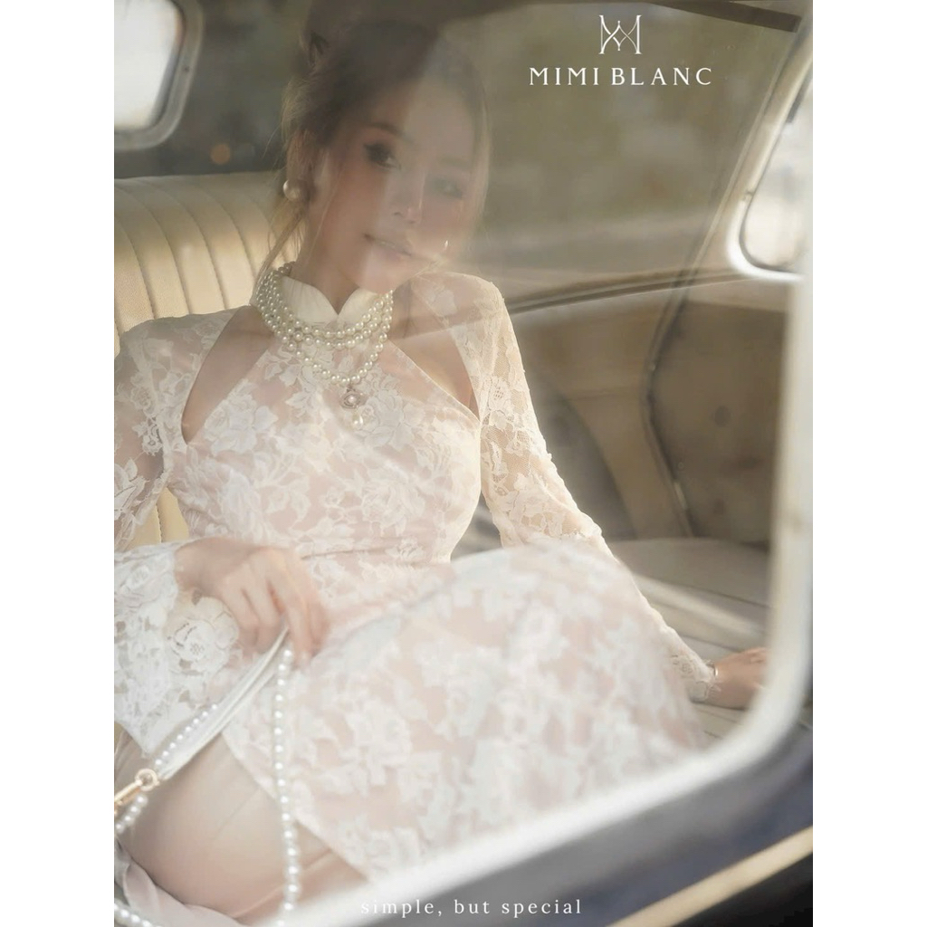 Áo dài ren cổ cut out Mimi Blanc