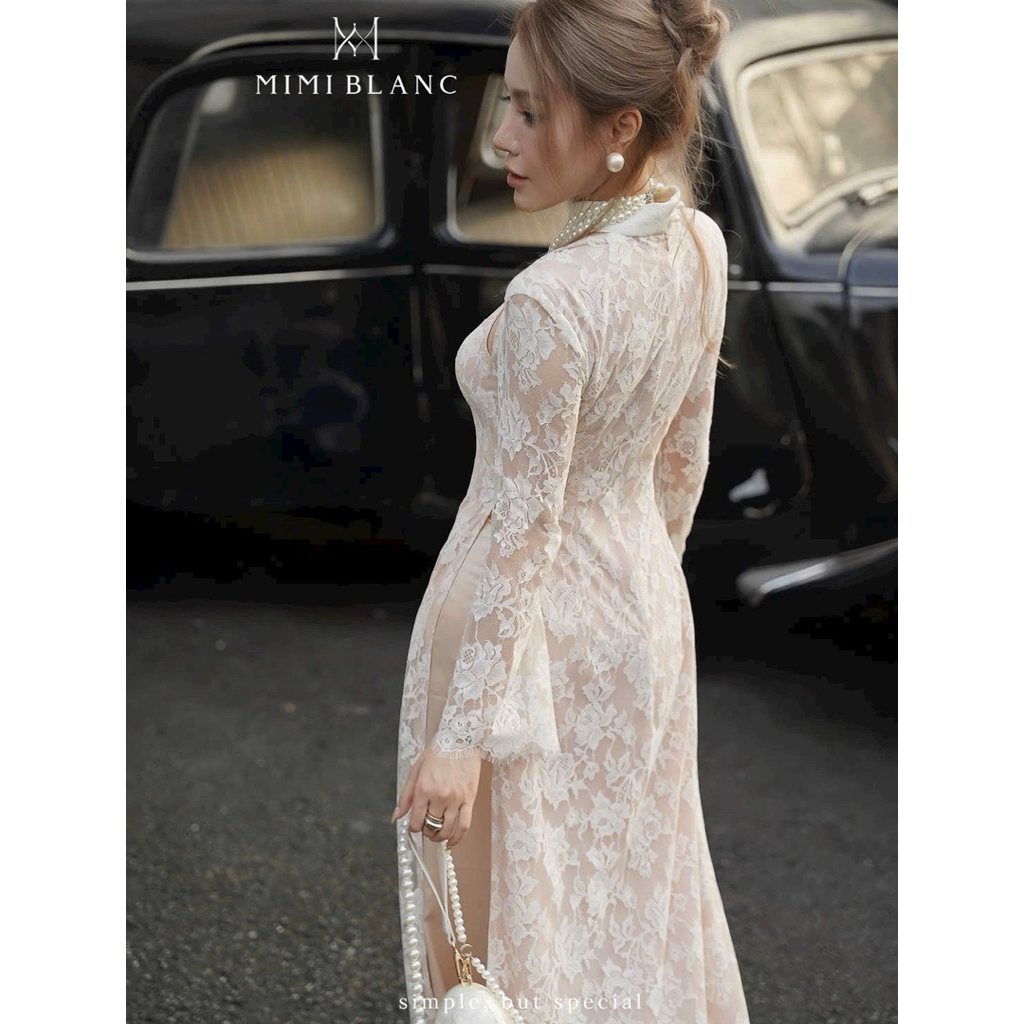 Áo dài ren cổ cut out Mimi Blanc