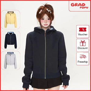 Áo khoác nữ GRADPOPU có mũ kiểu dáng cơ bản đa năng dáng ngắn và ôm sát phối kẻ karo độc đáo AK152