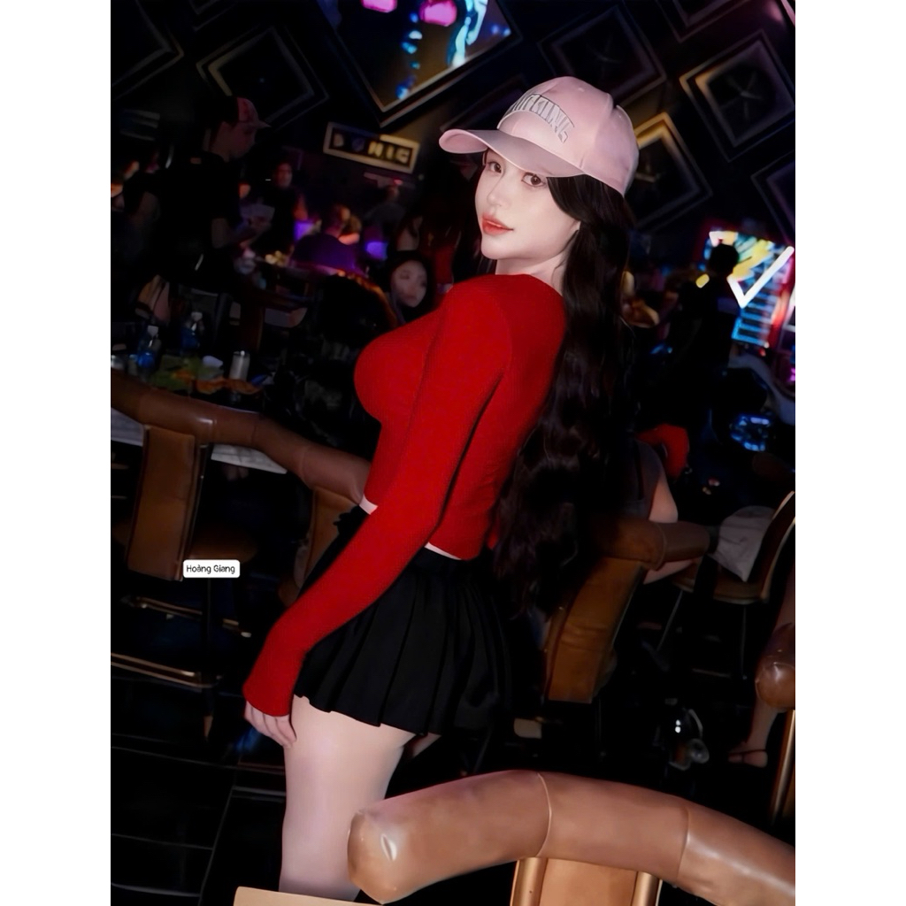 Set áo croptop cài khuy cài tay chân váy xoè ngắn