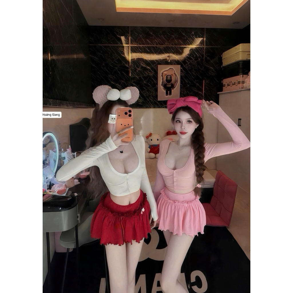 Set áo croptop cài khuy cài tay chân váy xoè ngắn