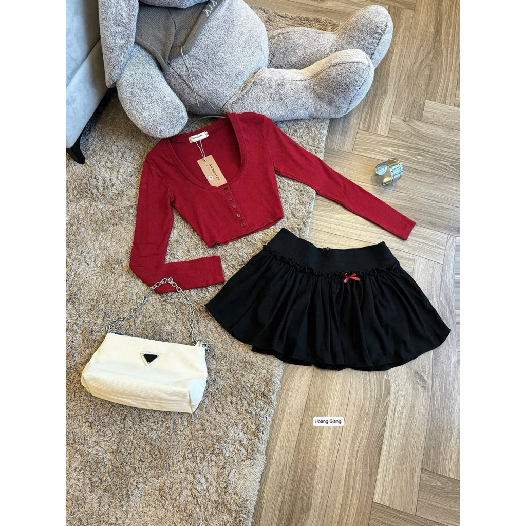 Set áo croptop cài khuy cài tay chân váy xoè ngắn