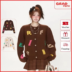 Áo khoác GRADPOPU dệt kim kiểu Hàn Quốc tinh tế với họa tiết chữ ngắn độc đáo và đẹp mắt AK252