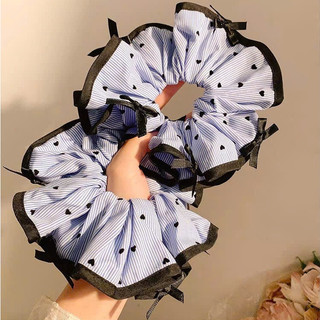 Scrunchies Dây Cột Tóc Chấm Bi Tim Xanh Bốn Lớp Xếp Ly Cho Bạn Gái