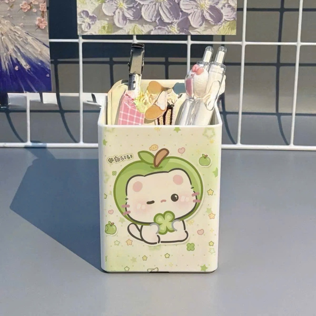 Hộp bút hình cỏ 4 lá tone màu xanh trang trí bàn học tiện lợi