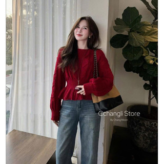 LT - Áo len dài tay xoắn thừng chun eo dáng áo peplum xoè tay bo bồng free size 1522