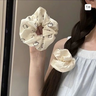 Scrunchies dây cột tóc màu hồng hoạ tiết mèo xinh xắn cho bé gái