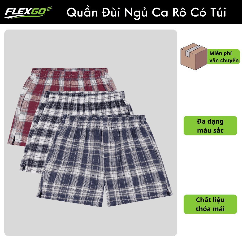 (Hỏa Tốc HCM) Quần đùi nam họa tiết caro form ngắn  có túi – Vải kate 100% cotton Flexgo