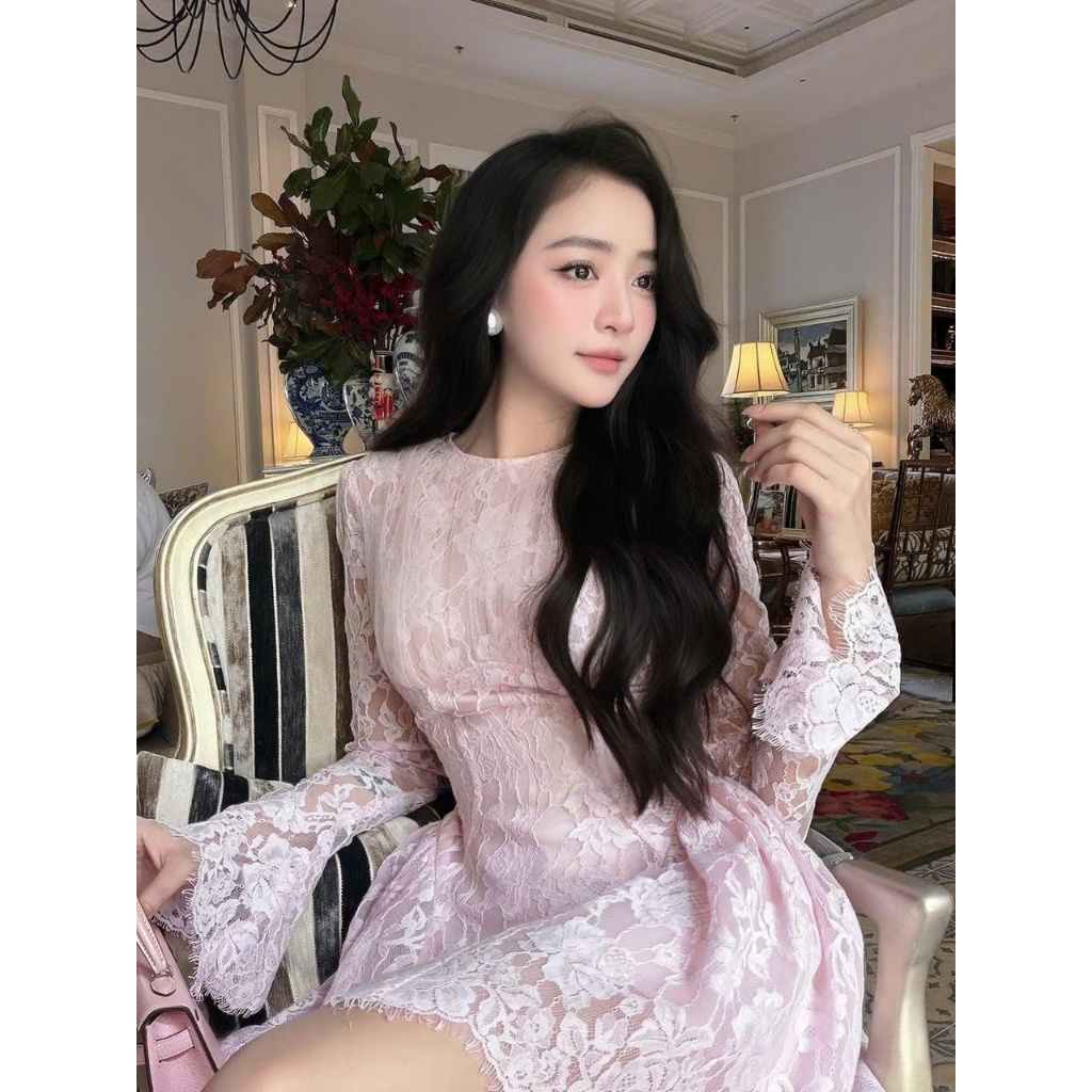 ZIMM STORE-Đầm ren nữ màu hồng phấn tay dài ôm eo tôn dáng chất ren