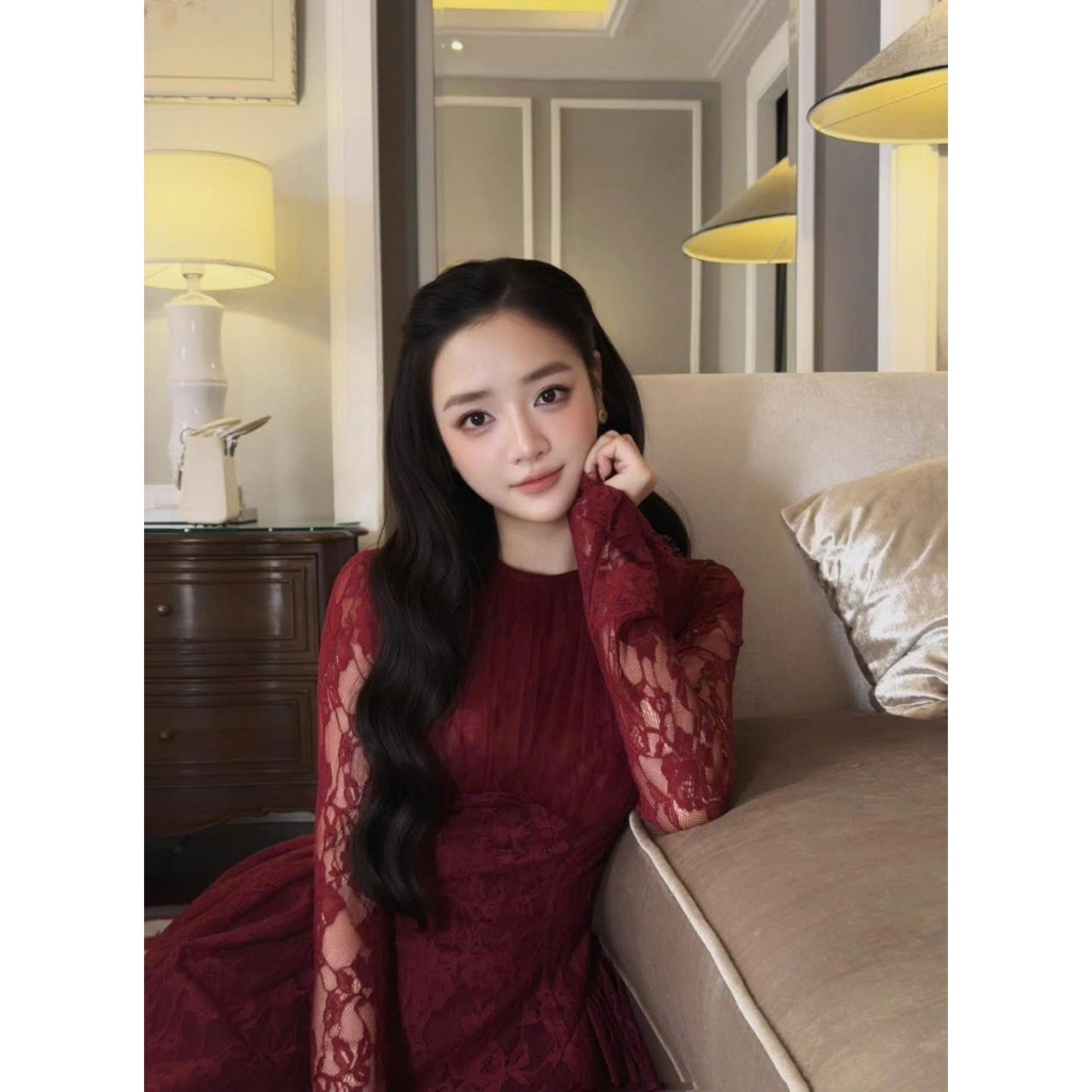 ZIMM STORE-Đầm ren nữ màu hồng phấn tay dài ôm eo tôn dáng chất ren
