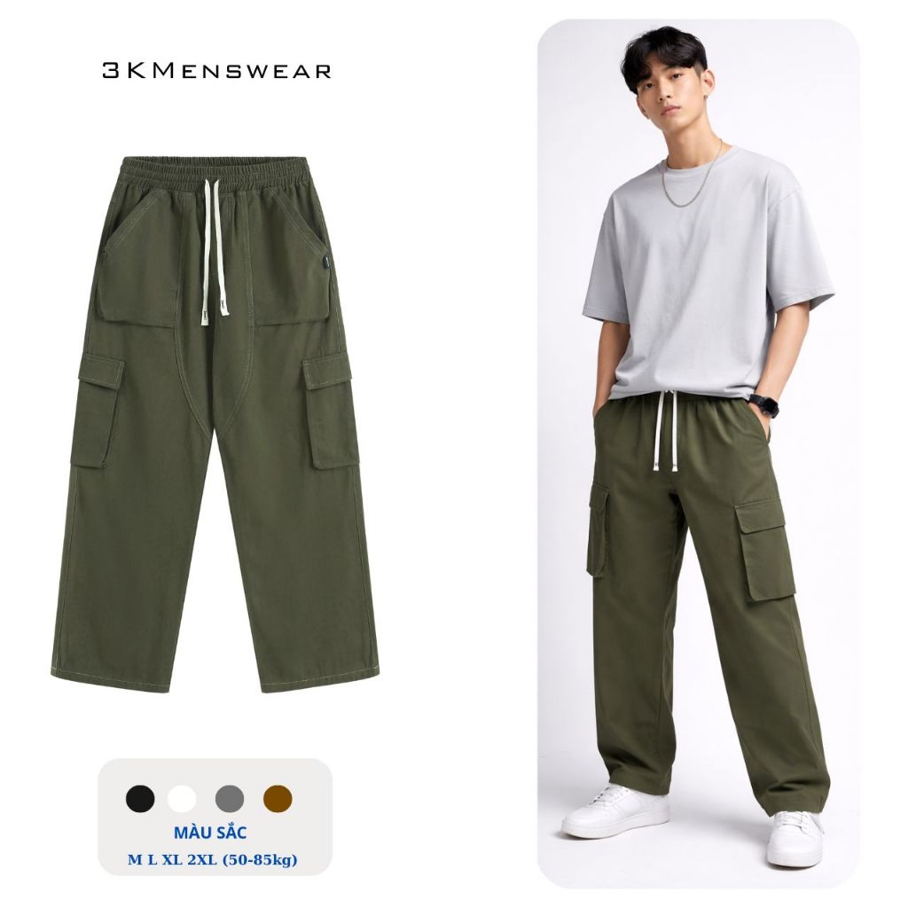 Quần Cargo kaki túi hộp 3KMENSWEAR, Quần Dài jean from uNIsex dáng suông form 45-85kg Có Túi