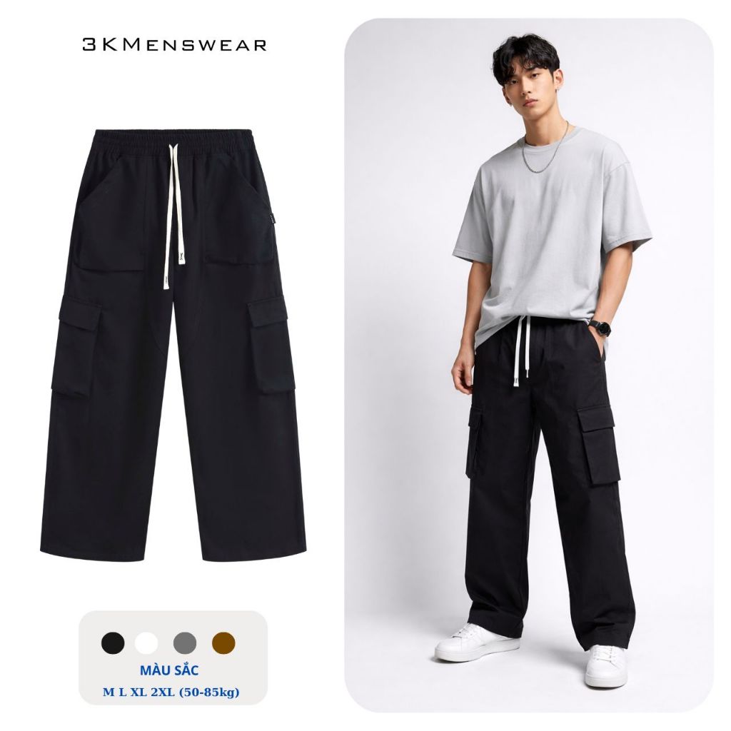 Quần Cargo kaki túi hộp 3KMENSWEAR, Quần Dài jean from uNIsex dáng suông form 45-85kg Có Túi