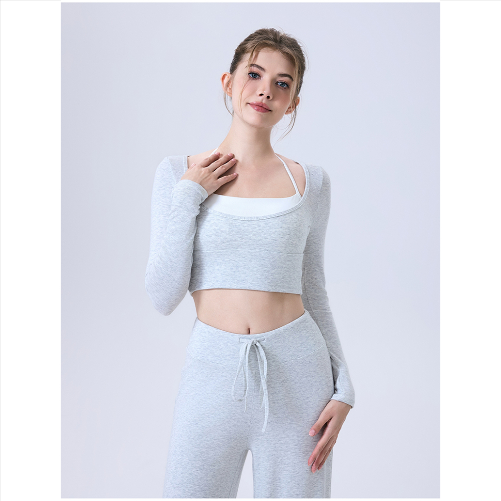 【Fumeng】Áo dài tay tập gym nữ cổ đeo cổ bấm chất kem bơ siêu mềm thoáng khí co giãn cao tự có úi ngực