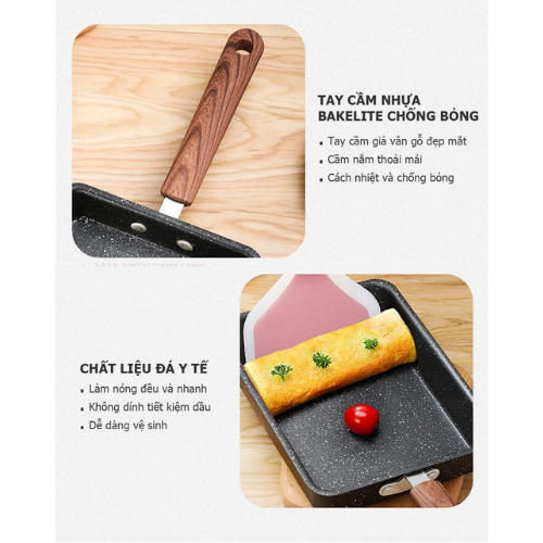 Chảo chống dính dạng chữ nhật chuyên dùng làm trứng cuộn, phù hợp với nhiều loại bếp và rất tiện lợi