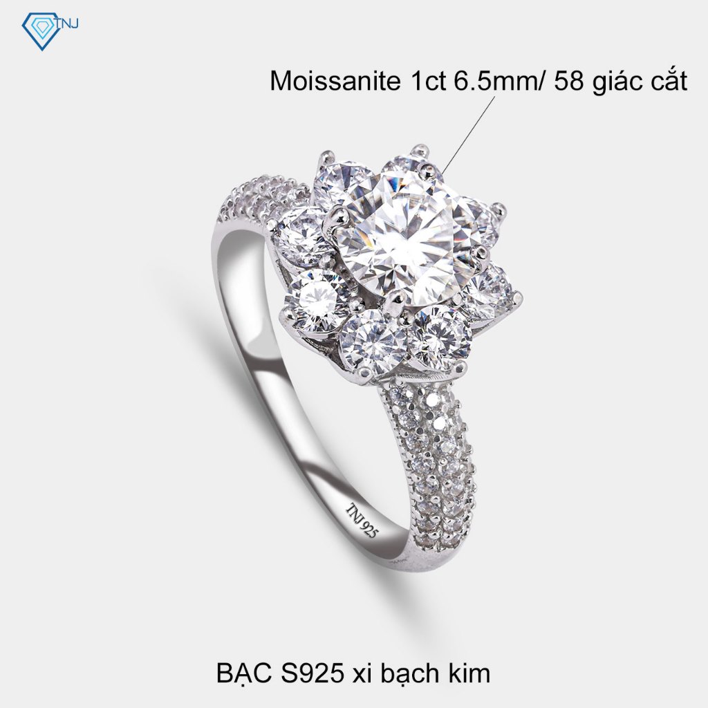 Nhẫn bạc nữ đính Moissanite 6.5ly xi kim kiểm định GRA mặt bông hoa 8 cánh tinh tế, sang trọng NNM0004 - Trang Sức TNJ
