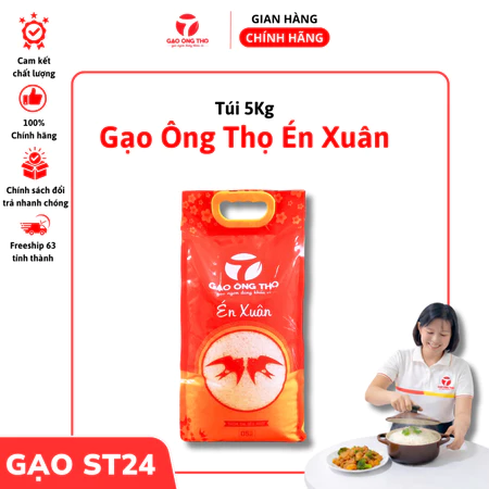 Gạo ST24 (gạo Én Xuân) – thương hiệu Gạo Ông Thọ - Cơm mềm, dẻo, dai, ngọt, thơm – Túi ép 4 biên 5KG