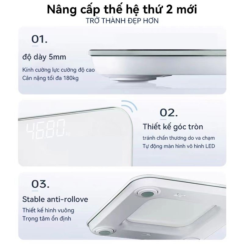 Cân Điện Tử Sức Khỏe Lenovo Chịu Tải 180kg Màn Hình LED Mặt Kính Cường Lực BẢO HÀNH 3 THÁNG KÈM PIN THAY