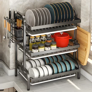 Kệ Chén Bát 3 Tầng Thép Chống Gỉ Cao Cấp, Giá Để Bát Đĩa Có Khay Hứng Nước & Kệ Dao Thớt Tiện Lợi