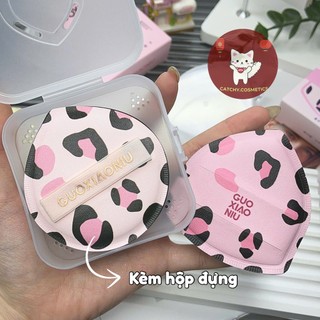 [GUOXIAONIU] Bông Mút Tán Nền Guoxiaoniu Họa Tiết Da Beo Hồng Kèm Hộp Tiện Lợi