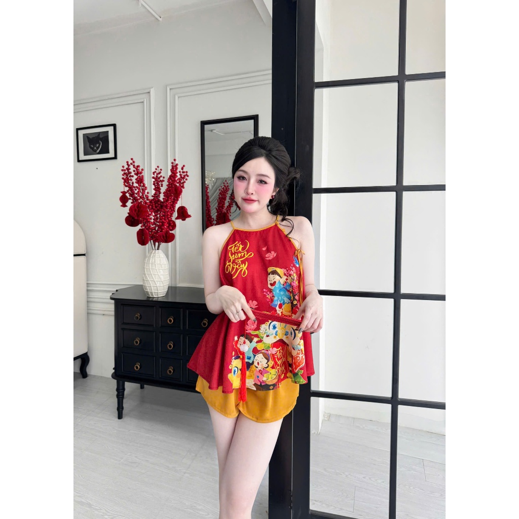 Bộ yếm nữ Tết đính ngọc VY LINH quần đùi chất liệu gấm phối quần lụa latin thoáng mát,thoải mái,trẻ trung S1251 3D