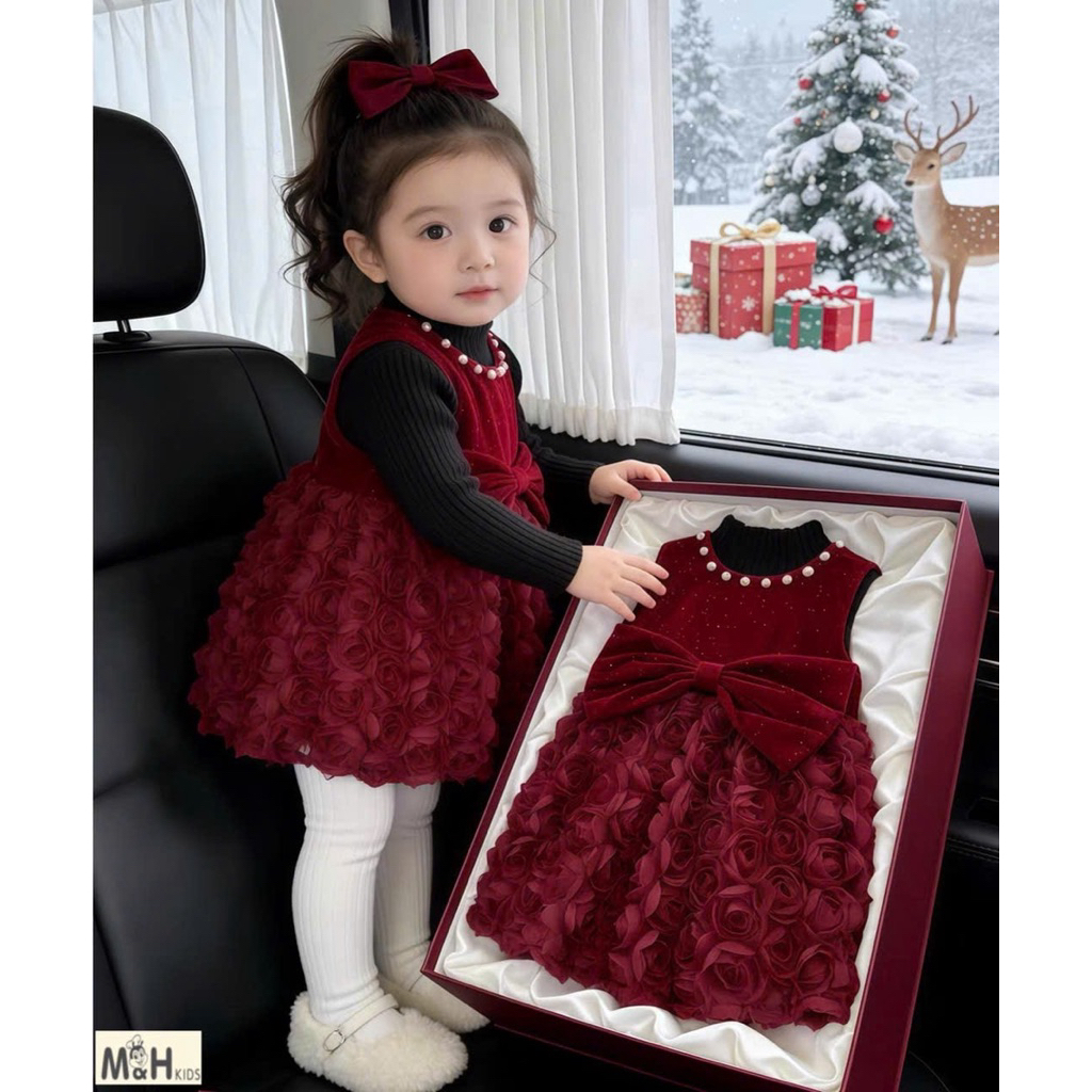 Váy đầm nhung ánh kim cổ Ngọc sang chảnh cho bé diệu linh shop kids size 8-36kg DL77
