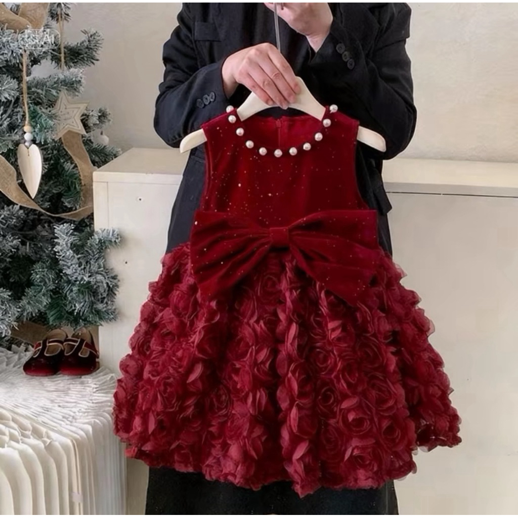 Váy đầm nhung ánh kim cổ Ngọc sang chảnh cho bé diệu linh shop kids size 8-36kg DL77