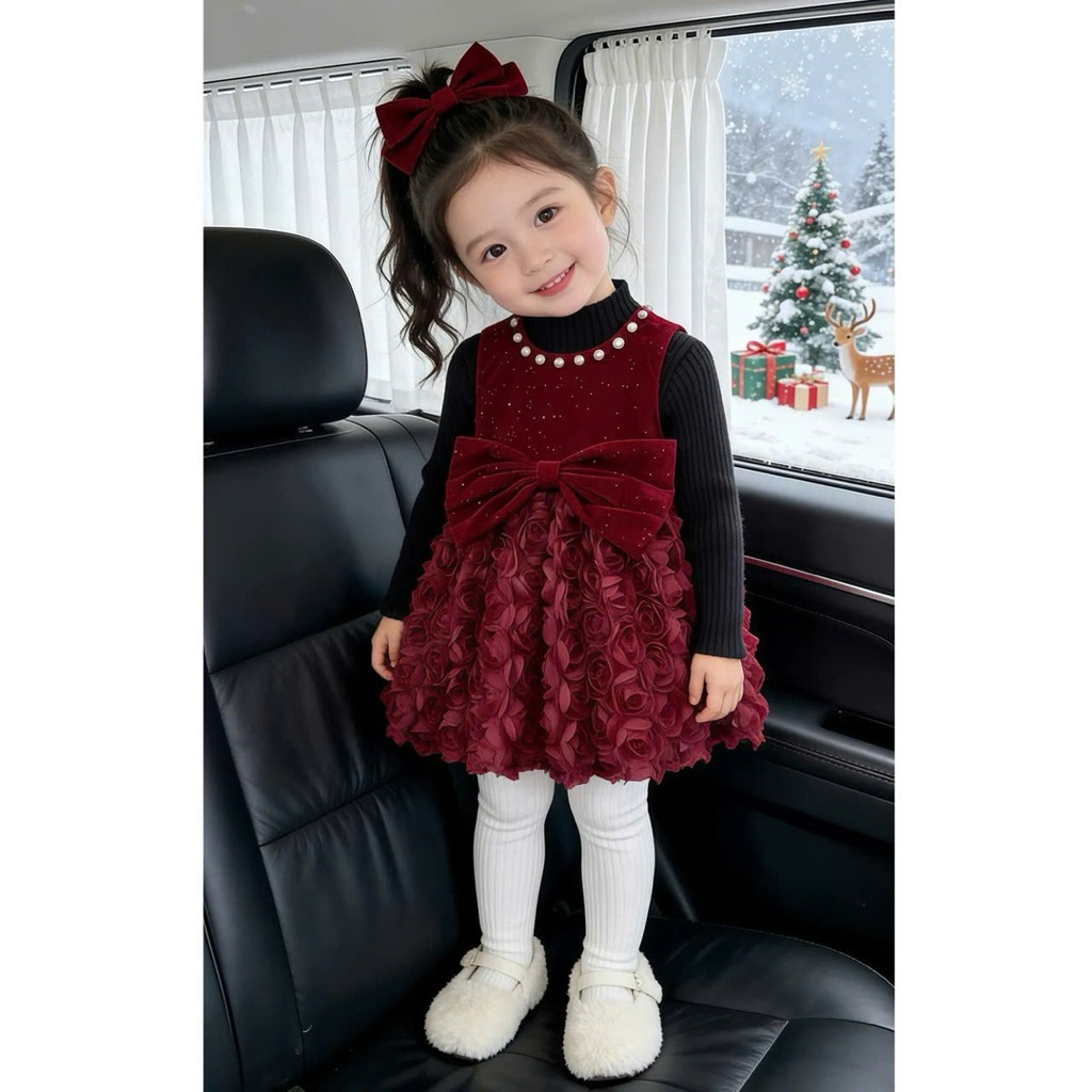 Váy đầm nhung ánh kim cổ Ngọc sang chảnh cho bé diệu linh shop kids size 8-36kg DL77
