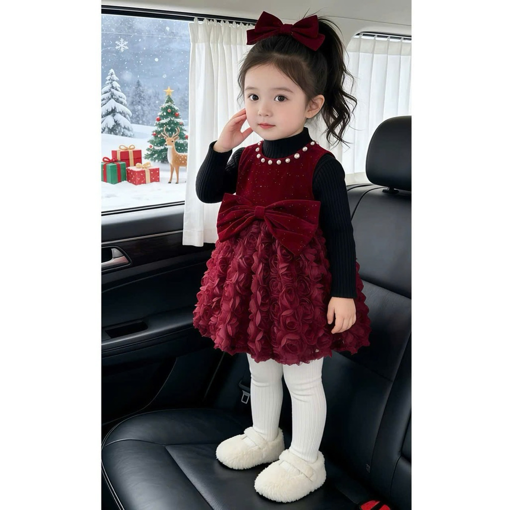 Váy đầm nhung ánh kim cổ Ngọc sang chảnh cho bé diệu linh shop kids size 8-36kg DL77
