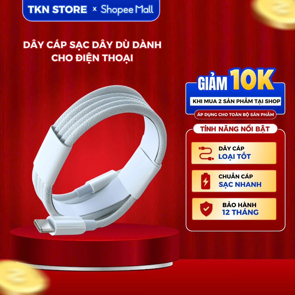 Dây cáp sạc nhanh 20W bọc dù dành cho điện thoại từ 6 đến 14 và 15 đến 17 loại tốt, Bảo hành 12 tháng TKN
