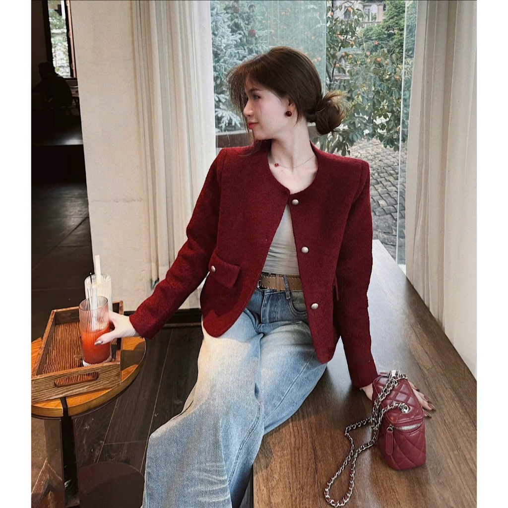 ZIMM STORE-Áo Khoác Dạ Tweed Nữ Dáng Ngắn phối cục nổi