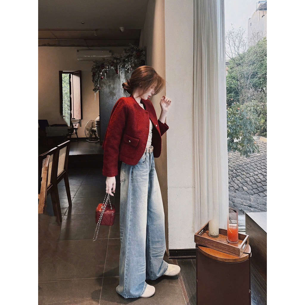 ZIMM STORE-Áo Khoác Dạ Tweed Nữ Dáng Ngắn phối cục nổi