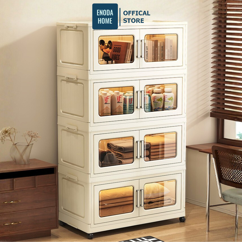 Tủ Nhựa Lớn Đựng Đồ Đa Năng Gấp Gọn ENODA HOME, Tủ Nhựa Cửa Trong Suốt Có Nam Châm, Bánh Xe Tiện Lợi TUN044