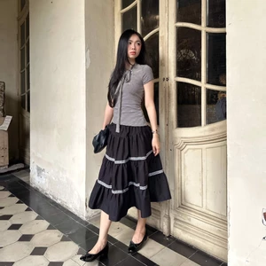 Chân váy dài 2 tầng SONNA HI - dáng xòe, họa tiết viền ren caro đen - HERITAGE LONG SKIRT