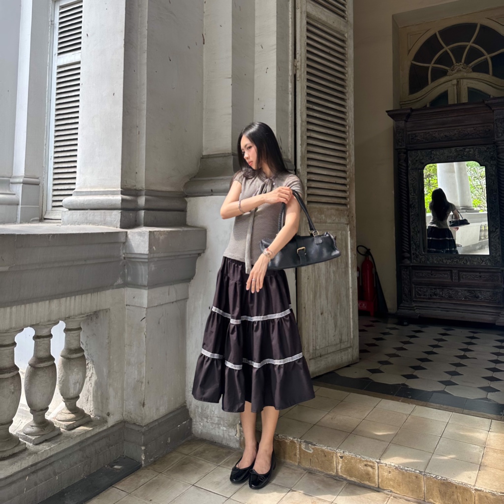 Chân váy dài 2 tầng SONNA HI - dáng xòe, họa tiết viền ren caro đen - HERITAGE LONG SKIRT