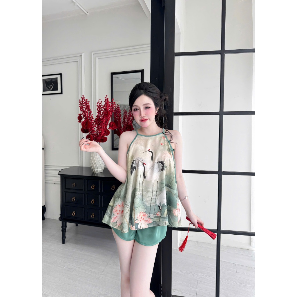 Bộ yếm nữ Tết đính ngọc VY LINH quần đùi chất liệu gấm phối quần lụa latin thoáng mát,thoải mái,trẻ trung S1251 3D