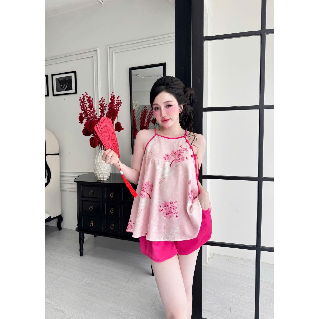 Bộ yếm nữ Tết đính ngọc VY LINH quần đùi chất liệu gấm phối quần lụa latin thoáng mát,thoải mái,trẻ trung S1251 3D