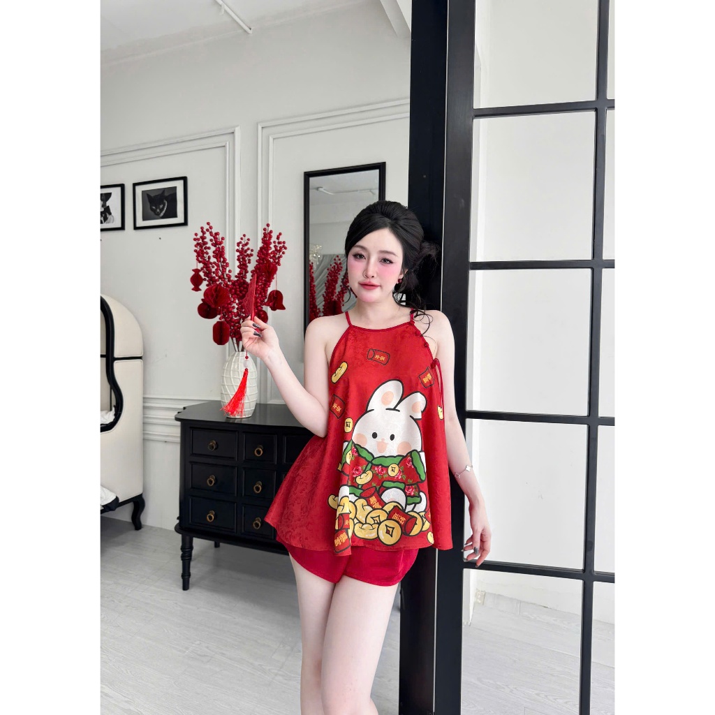 Bộ yếm nữ Tết đính ngọc VY LINH quần đùi chất liệu gấm phối quần lụa latin thoáng mát,thoải mái,trẻ trung S1251 3D