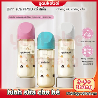 Youkebei Bình Sữa PPSU Plus Thế Hệ III 240/300ml – Họa Tiết Dễ Thương, Chống Tràn, An Toàn Cho Bé bình sữa cho bé