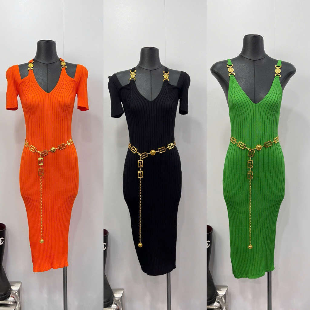 Đầm len dệt kim hai dây tag Versace kèm belt đen trắng xanh lá cam