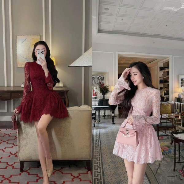 ZIMM STORE-Đầm ren nữ màu hồng phấn tay dài ôm eo tôn dáng chất ren