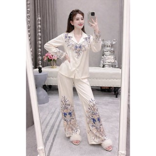Đồ Bộ Nữ Pijama Bộ Lụa latin Tay Dài Cổ sơ Mi bigsize (40-80kg) Cao Cấp , Bộ Đồ Lụa Latin Dáng Suông Thoải MáiPP