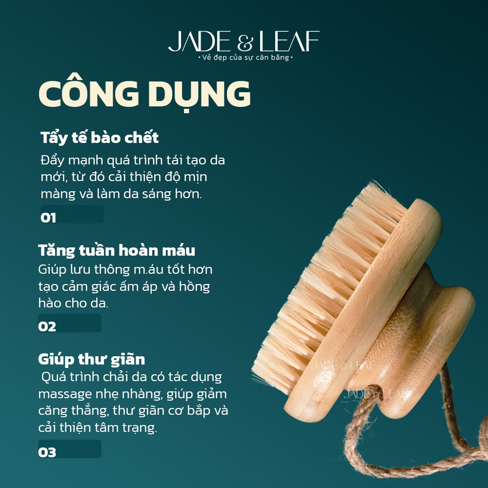 Bàn Chải Khô Body Jade&Leaf, Tẩy Tế Bào Chết, Chà Tắm Khô Từ Lông Tự Nhiên, Massage Làm Mịn Da