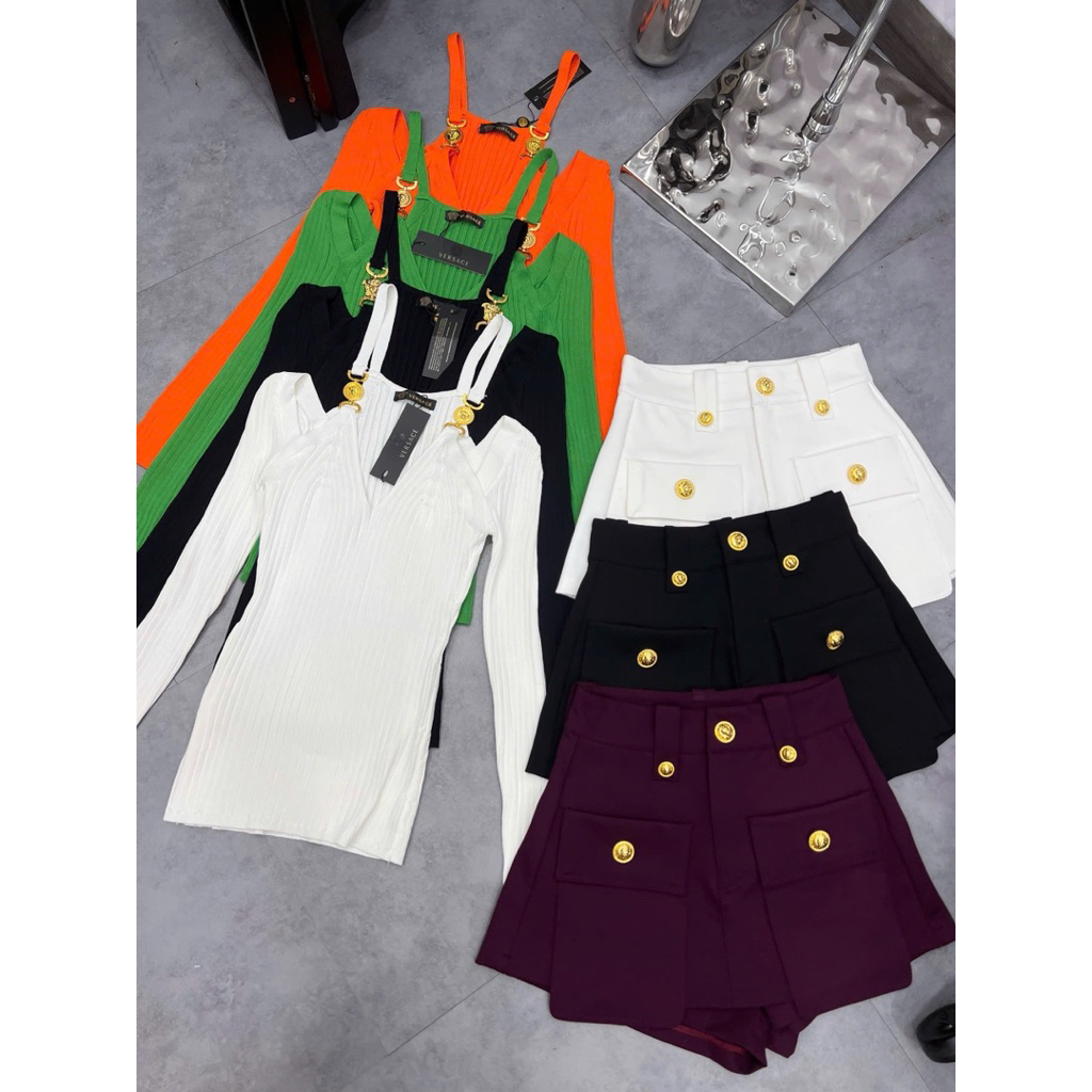 set áo yếm lụa & quần short jean phối màu