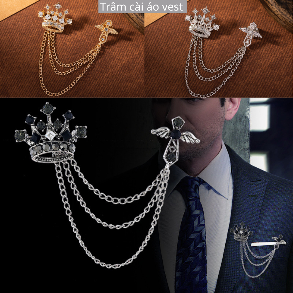 Trâm cài áo Vest hình vương miện phong cách Anh Quốc ghim áo có 3 dây sang trọng lịch sự.