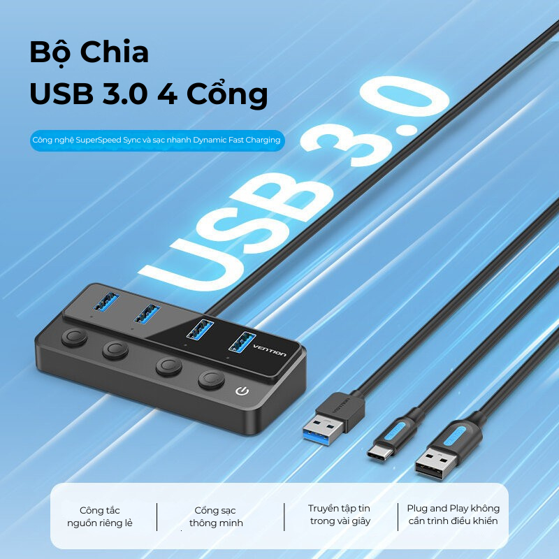 Hub Chia USB Vention 4 Cổng USB 3.0 5Gbps Công Tắc Nguồn Riêng, Tích Hợp Cổng Sạc USB-C, Cáp Type-C/USB-A Đa Thiết Bị