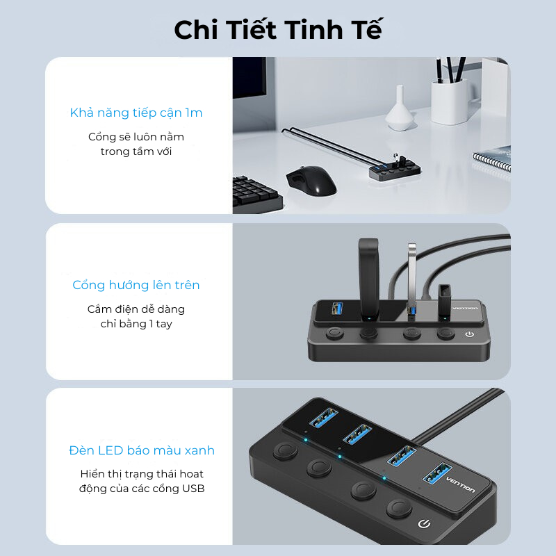 Hub Chia USB Vention 4 Cổng USB 3.0 5Gbps Công Tắc Nguồn Riêng, Tích Hợp Cổng Sạc USB-C, Cáp Type-C/USB-A Đa Thiết Bị