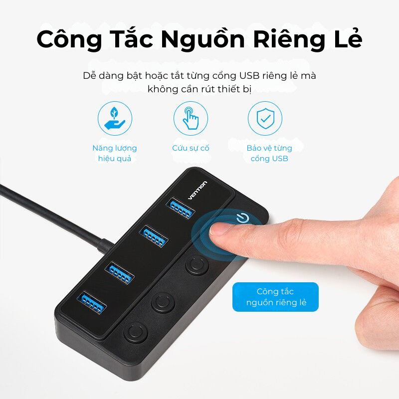 Hub Chia USB Vention 4 Cổng USB 3.0 5Gbps Công Tắc Nguồn Riêng, Tích Hợp Cổng Sạc USB-C, Cáp Type-C/USB-A Đa Thiết Bị