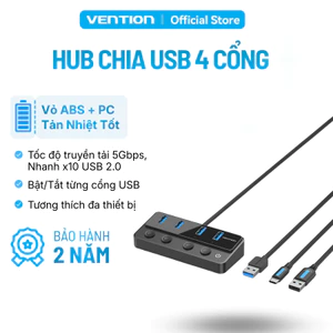 Hub Chia USB Vention 4 Cổng USB 3.0 5Gbps Công Tắc Nguồn Riêng, Tích Hợp Cổng Sạc USB-C, Cáp Type-C/USB-A Đa Thiết Bị