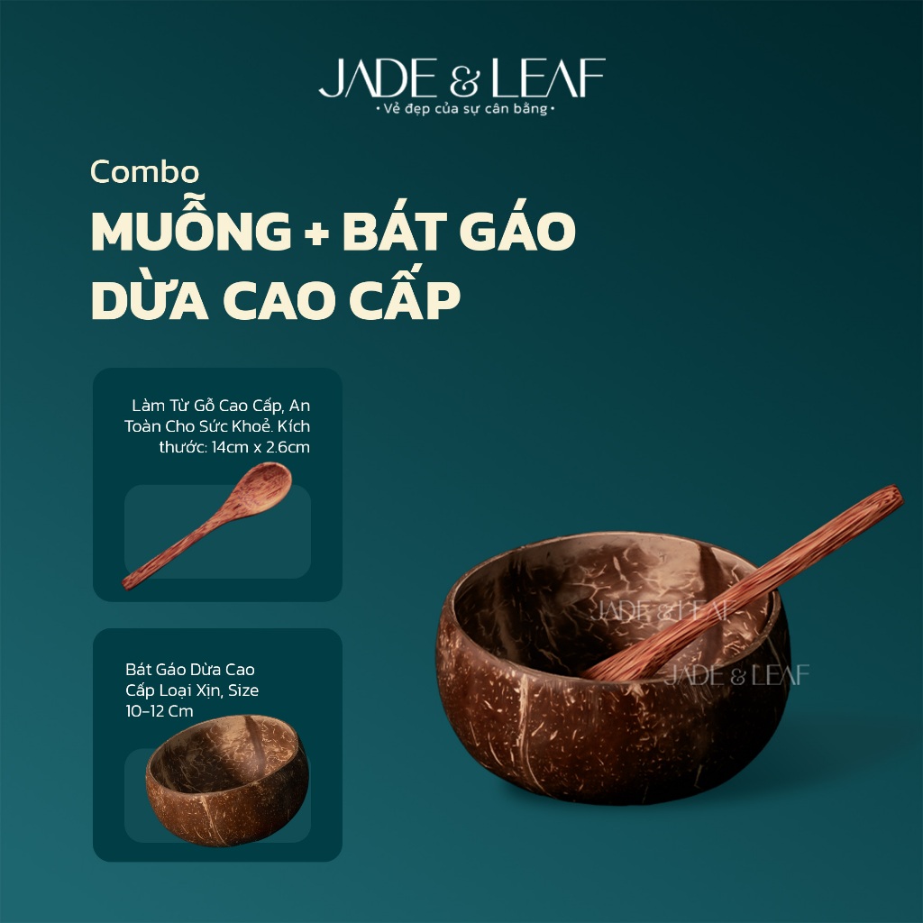 Combo Bát Gáo Dừa Jade&Leaf Kèm Muỗng Gỗ Hàn Quốc Cao Cấp, Ăn Cơm Ngũ Cốc Đựng Bột Đắp Mặt Nạ